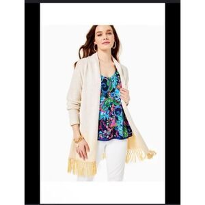Lilly Pulitzer Tatum gold metallic cardigan long fringe hem S